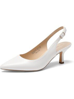 Womens White Faux Leather Kitten Slingback Low Heels Casual Dress Shoes Pumps